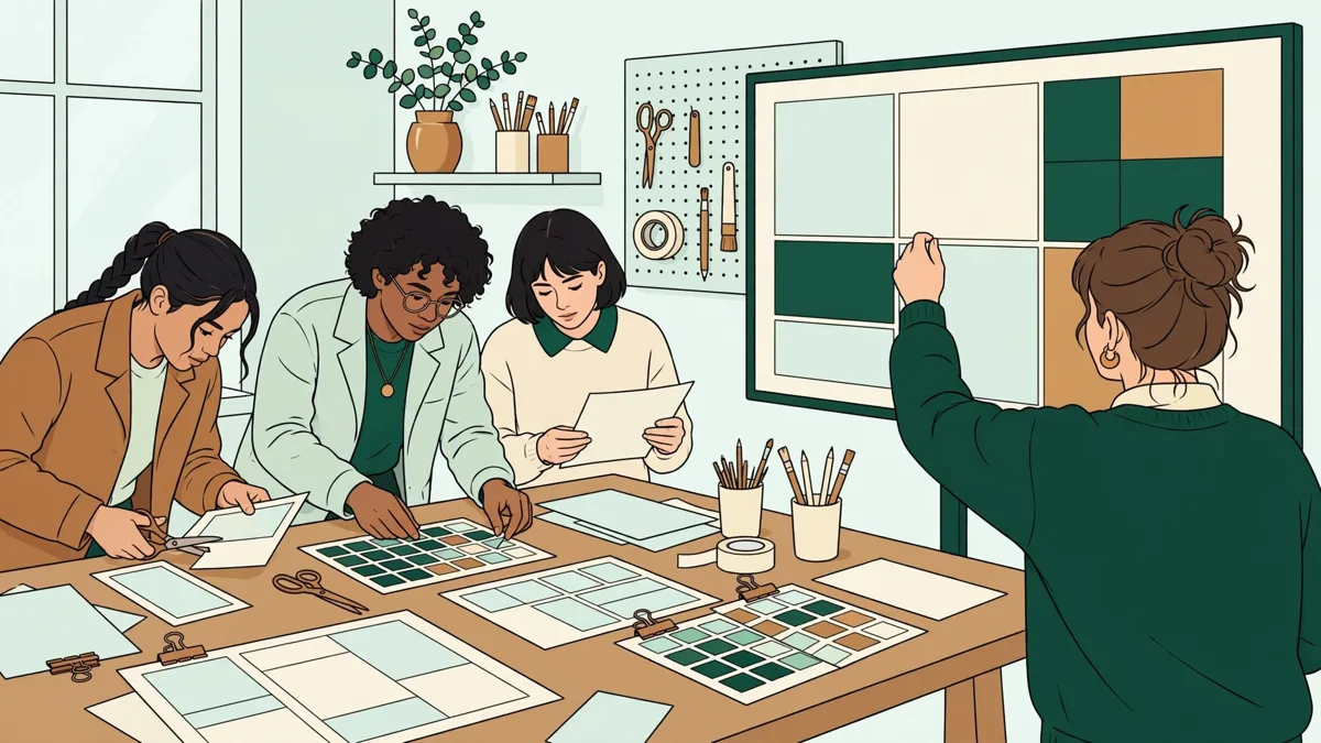 Étudiants en design graphique autour d'une grande table d'atelier qui comparent des maquettes imprimées et des nuanciers de couleurs.