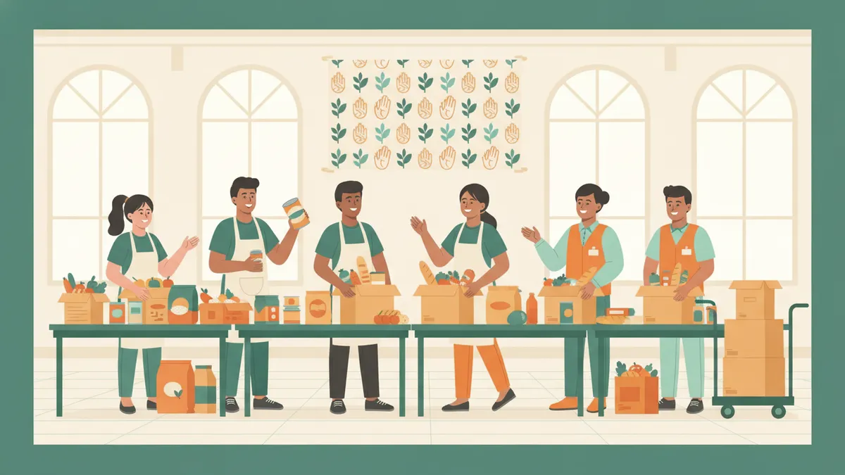 Une équipe d'étudiants prépare des colis alimentaires avec des bénévoles associatifs dans une grande salle claire.