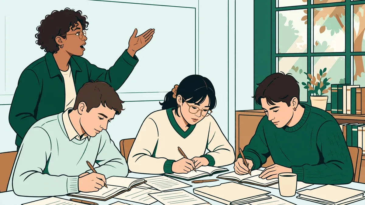 Petit groupe d'étudiants en droit qui débattent autour d'une table, documents juridiques posés, l'une prend la parole.