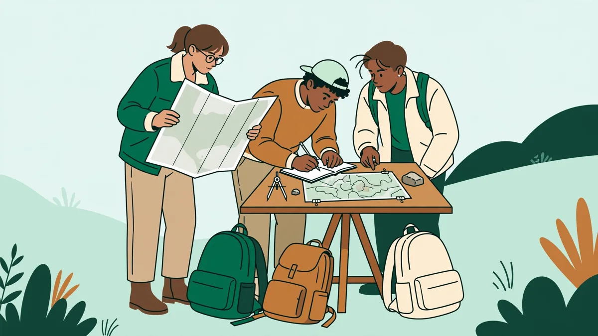 Trois étudiants en géographie autour d'une table d'orientation sur le terrain, cartes dépliées et carnets à la main