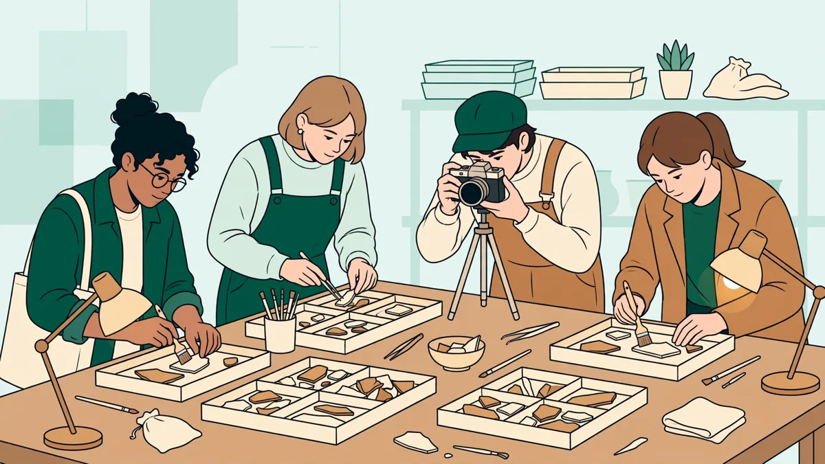 Quatre étudiants qui trient et photographient des tessons sur une grande table d'atelier
