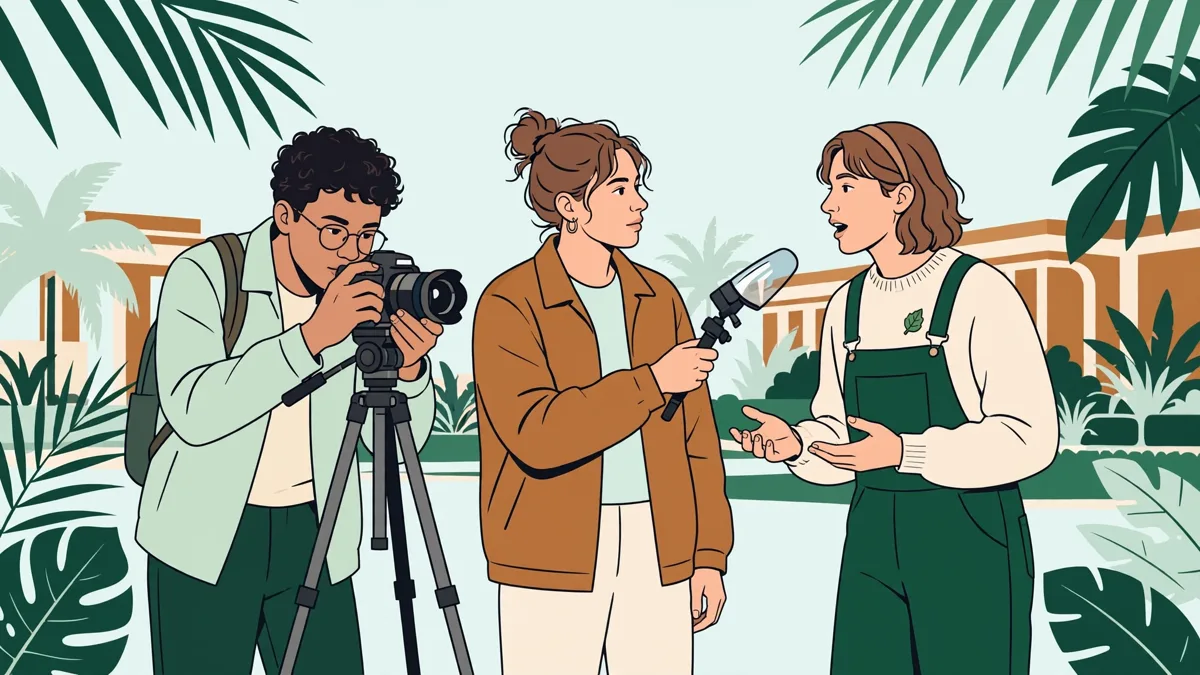 Trois étudiants en action sur un campus : l'un filme avec une caméra sur trépied, une autre tient un micro, le troisième répond face caméra.