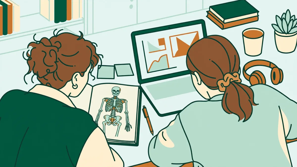 Deux étudiants de première année révisent ensemble en bibliothèque, un cahier d'anatomie ouvert à côté d'un ordinateur portable.