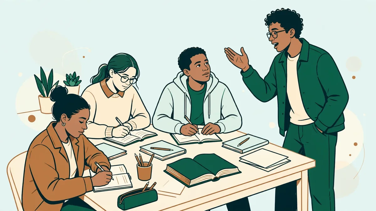 Quatre étudiants de LEA autour d'une table qui préparent ensemble un exposé en espagnol, dictionnaire et notes posés devant eux.