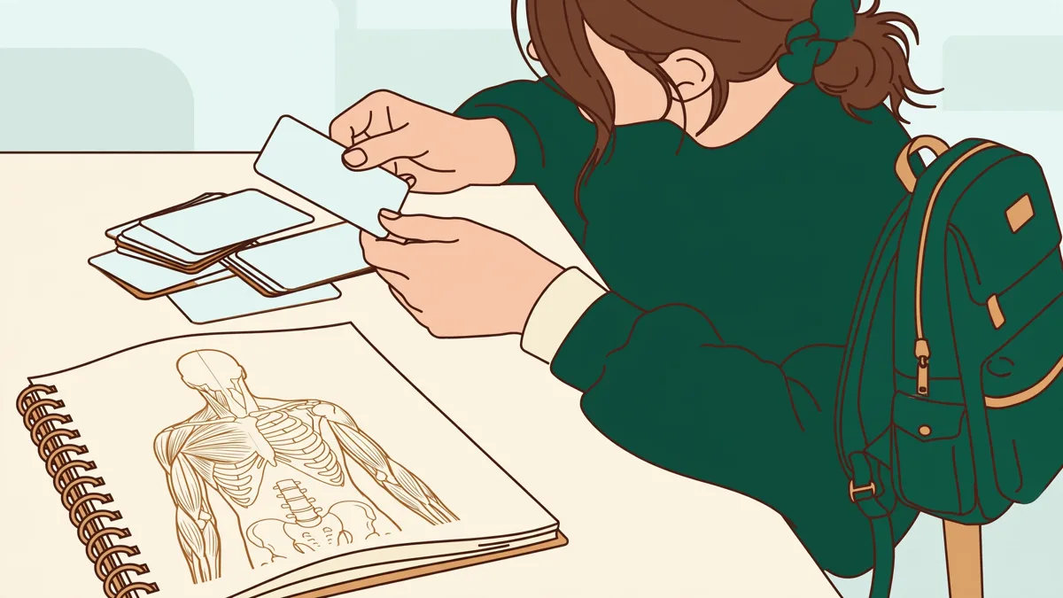 Une étudiante en bibliothèque qui révise avec des fiches de vocabulaire médical en anglais et en espagnol près d'un schéma d'anatomie.