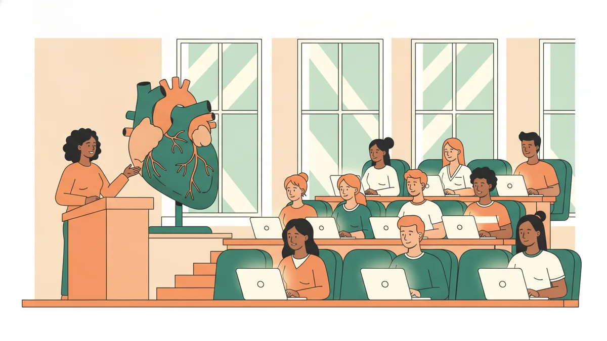 Des étudiants en amphithéâtre suivent la présentation d'un modèle de cœur pendant un cours de mineure santé.