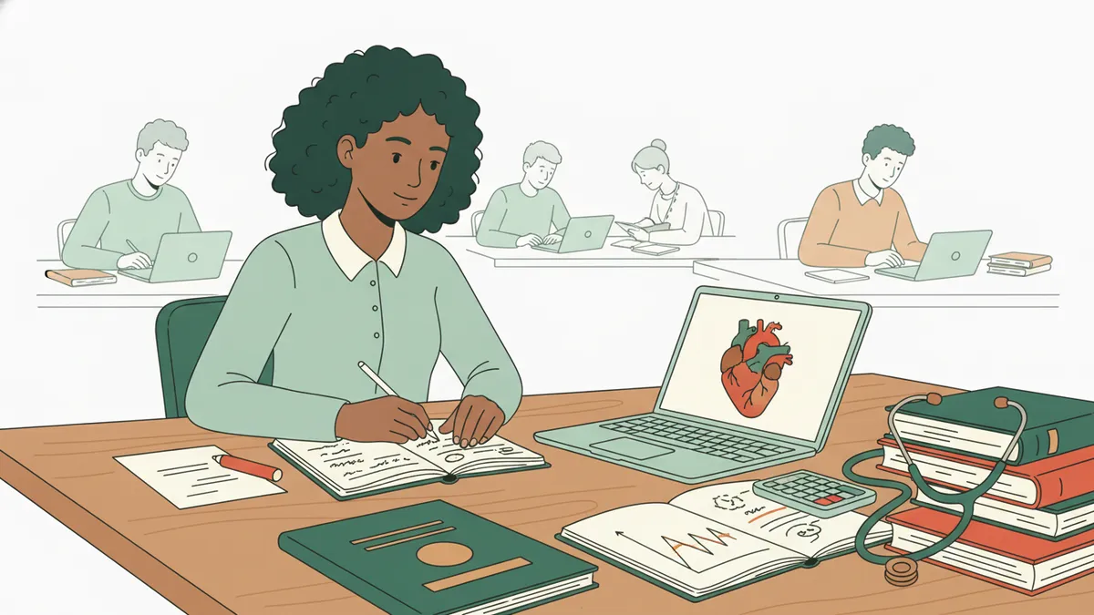Une étudiante révise chez elle entre cahier de maths, calculatrice et schéma de cœur sur ordinateur.