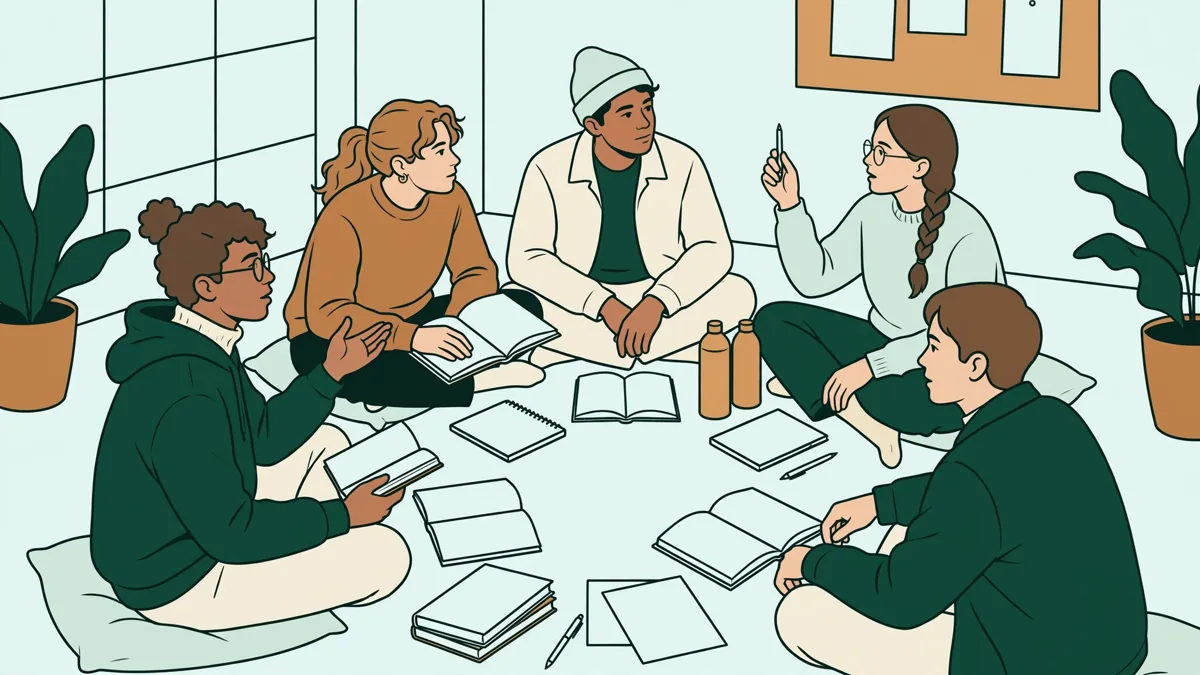 Petit groupe d'étudiants en cercle qui débattent d'un texte de philosophie, livres ouverts et carnets sur les genoux