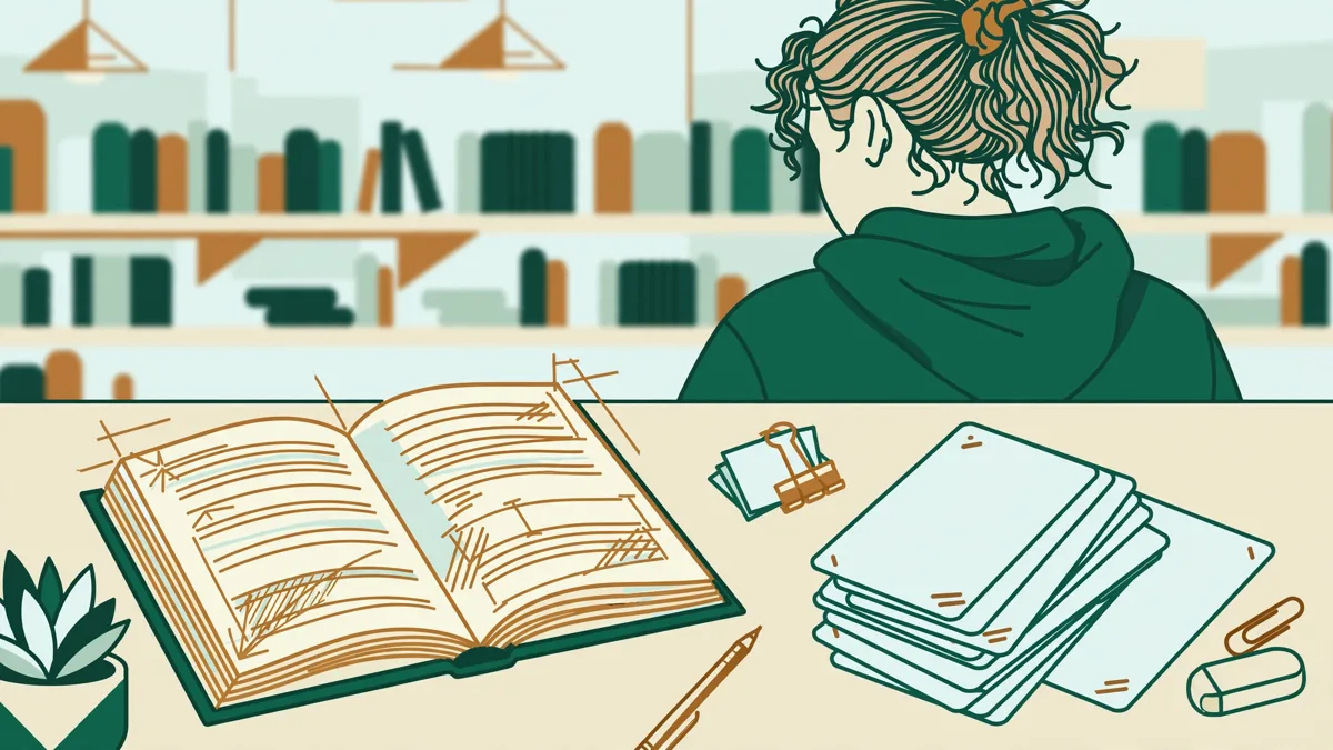 Une étudiante à un bureau partagé entre un essai de philosophie annoté et des fiches de révision en santé