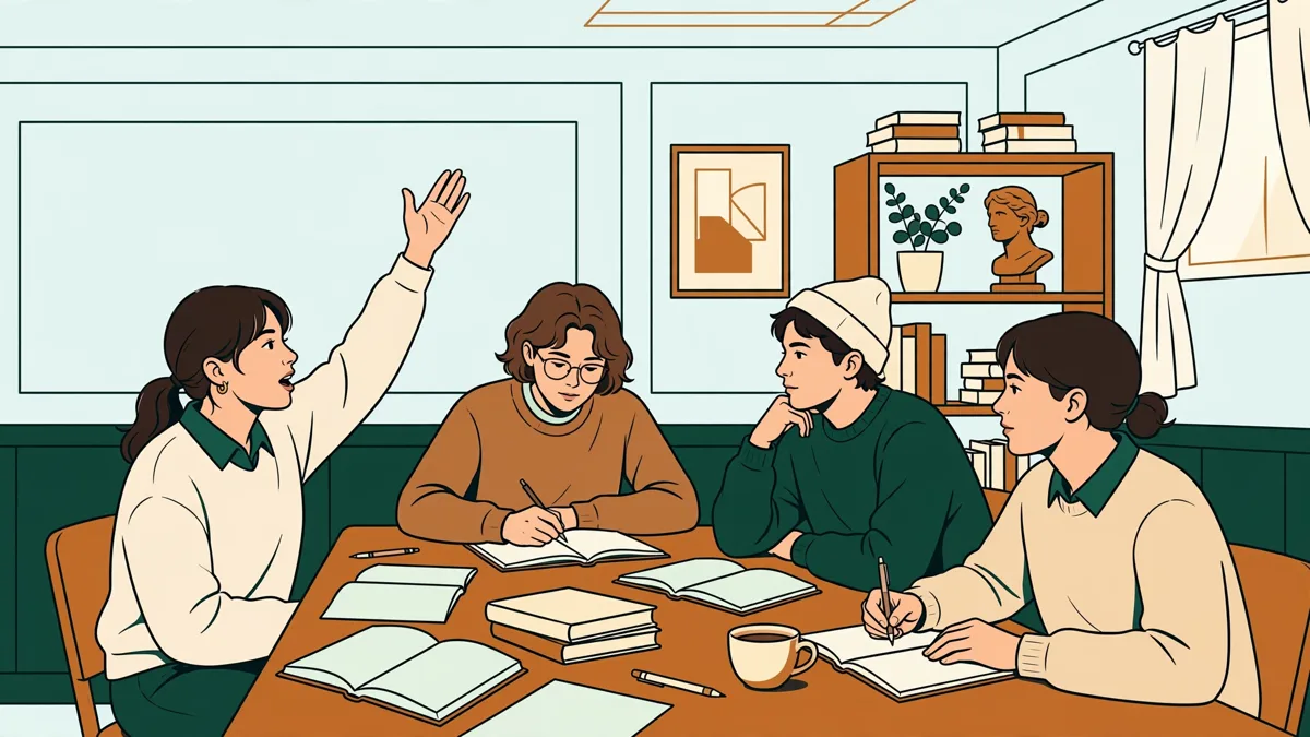 Petit groupe d'étudiants qui débattent autour d'une table en travaux dirigés de philosophie, l'une d'elles prend la parole pendant que les autres prennent des notes
