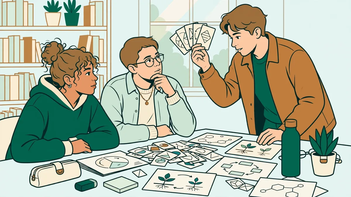 Trois étudiants autour d'une table de bibliothèque avec fiches et schémas, l'une interroge les deux autres à voix haute.