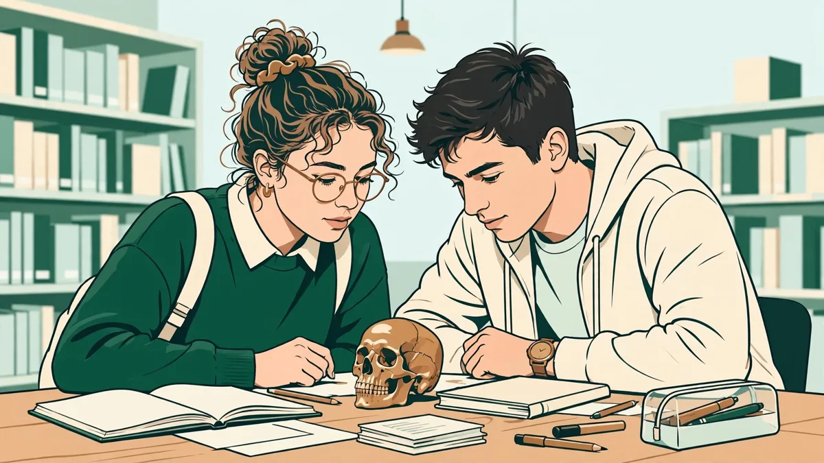 Deux étudiantes qui révisent l'anatomie ensemble en bibliothèque, avec carnets ouverts et modèle anatomique sur la table.