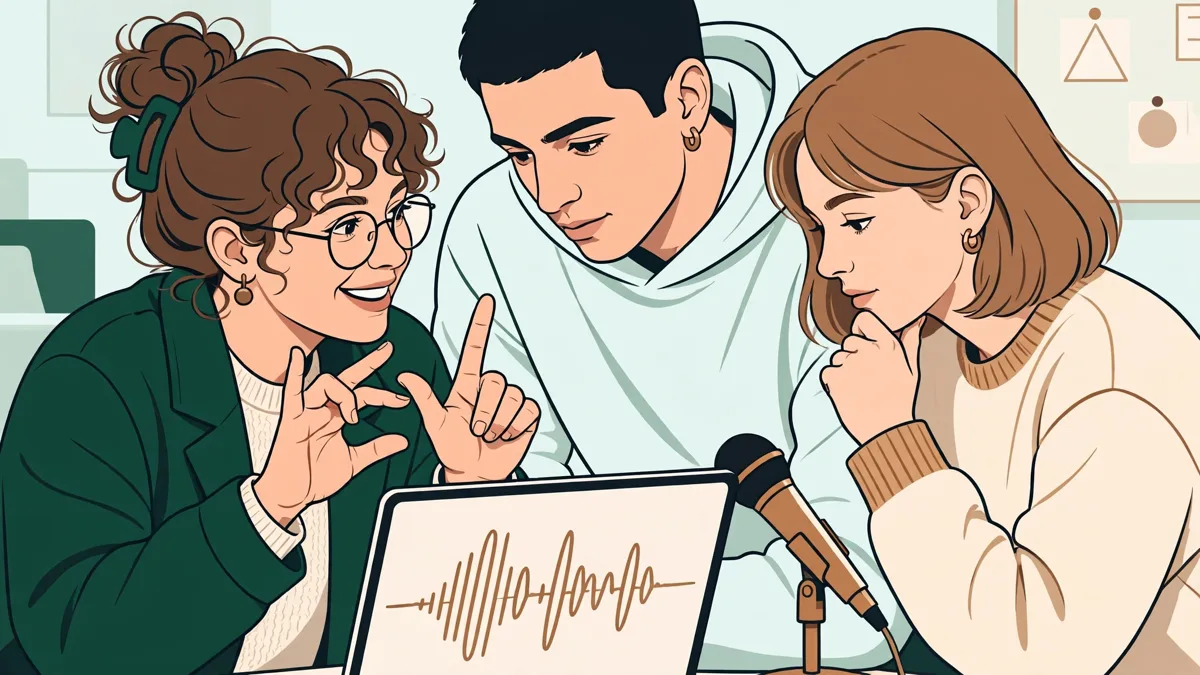 Petit groupe d'étudiants qui analysent un enregistrement de voix sur un portable, avec prise de notes et langue des signes
