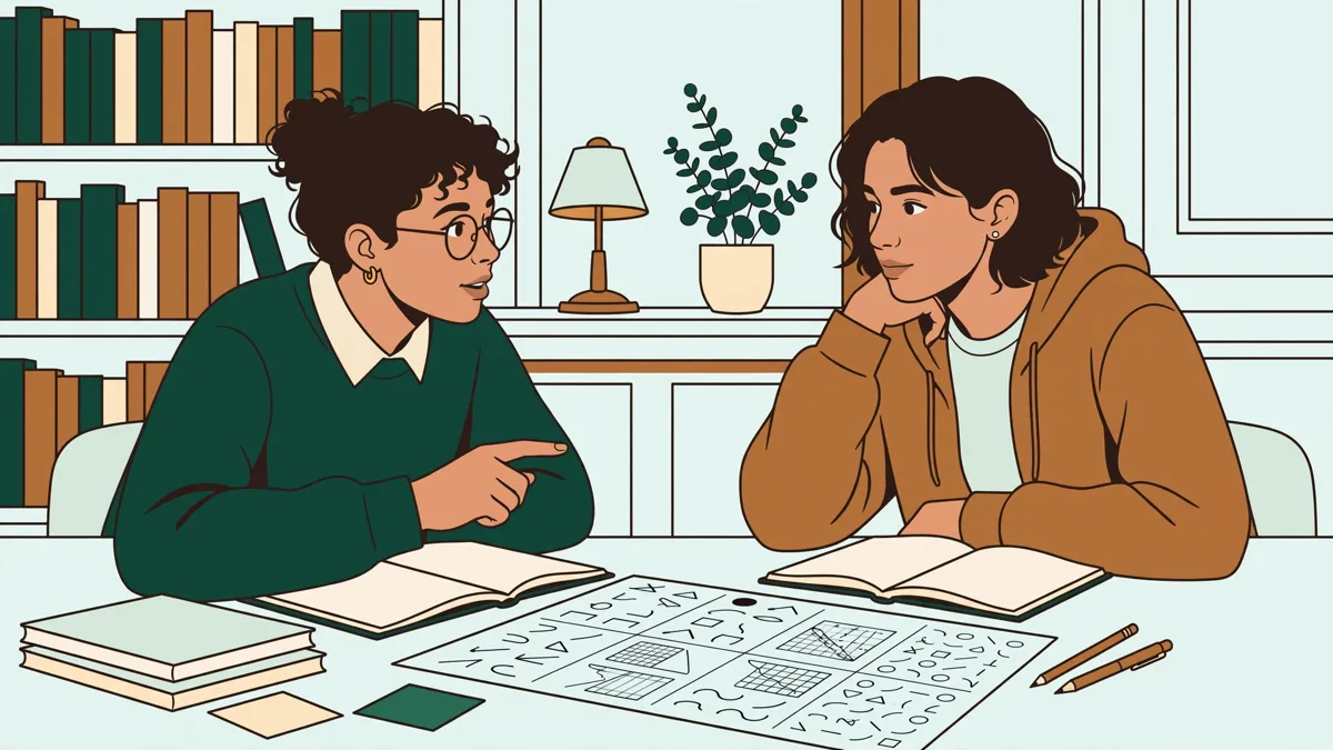 Deux étudiantes qui révisent ensemble en bibliothèque avec carnets et tableaux de sons articulés