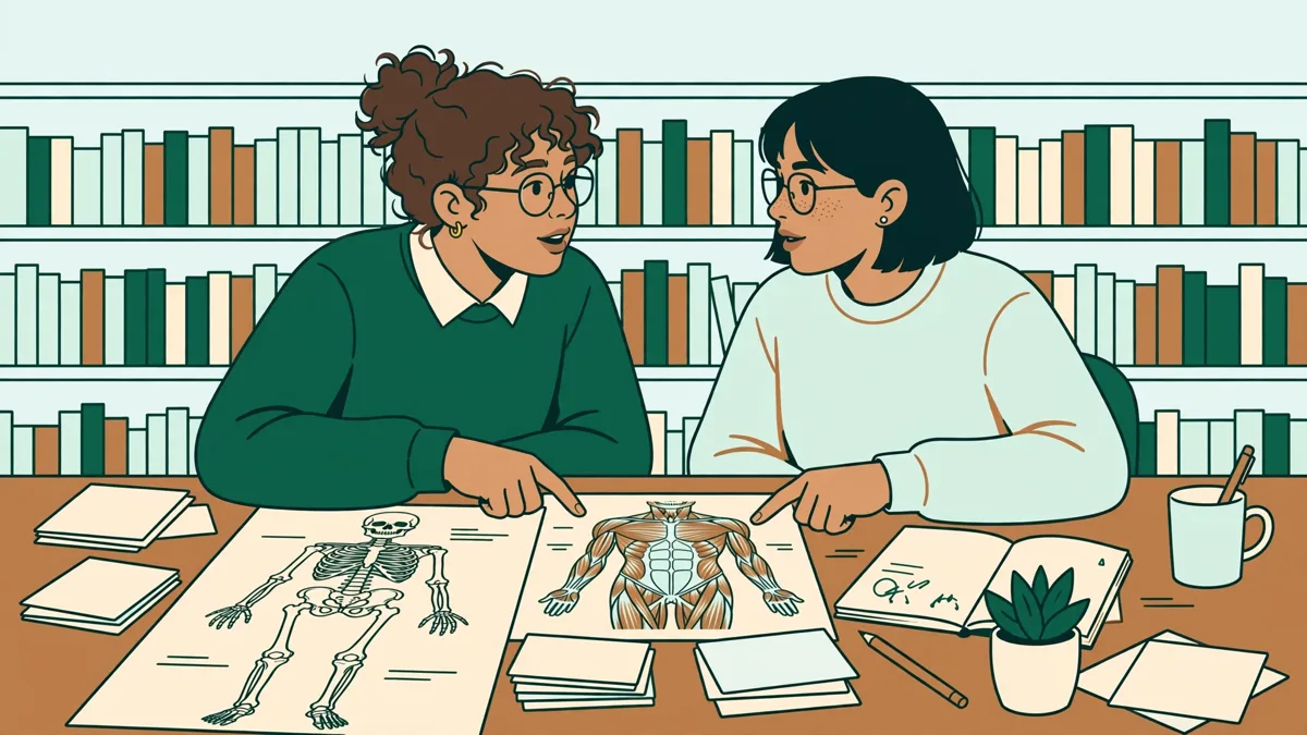 Binôme d'étudiants qui révisent avec fiches de langage et documents de santé posés sur une table