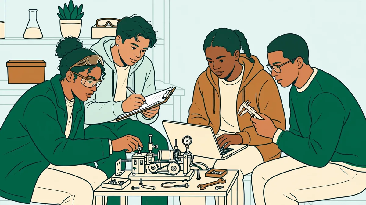 Quatre étudiants autour d'un banc d'essai qui règlent un petit système mécanique et relèvent des mesures sur un ordinateur portable.