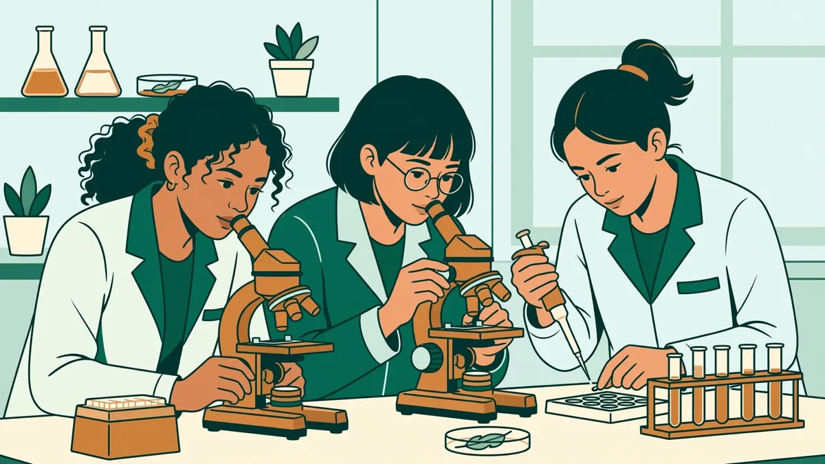 Trois étudiants en blouse qui observent des lames au microscope et manipulent une pipette pendant un TP de biologie.