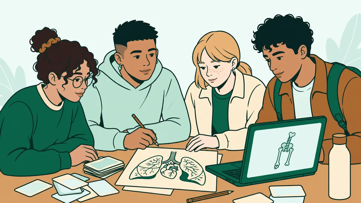Quatre étudiants autour d'une table qui révisent ensemble avec fiches, schémas d'anatomie et ordinateur.