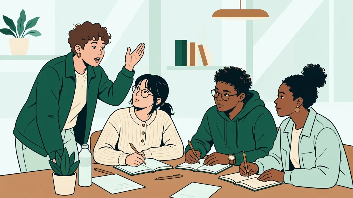 Quatre étudiants en travaux dirigés, l'une présente un exposé pendant que les autres débattent
