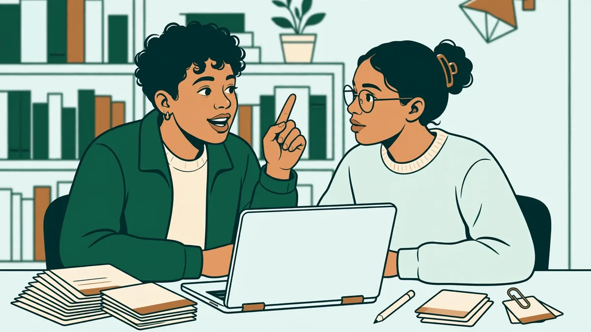 Deux étudiantes qui révisent ensemble à la bibliothèque, fiches et ordinateur ouvert