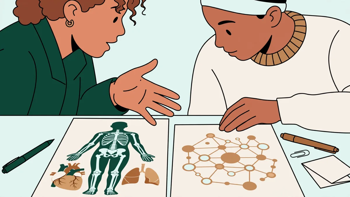 Deux étudiantes qui révisent ensemble, un schéma d'anatomie à côté de fiches de sociologie