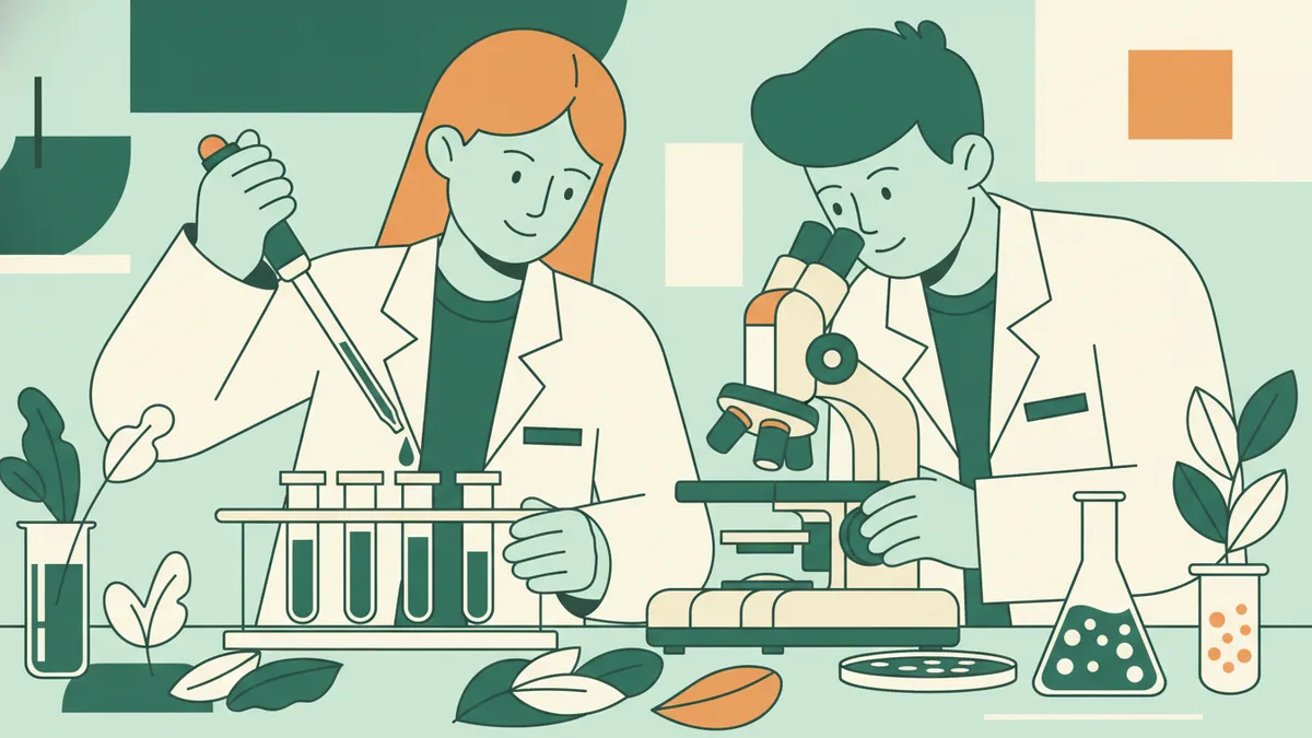 Deux étudiants en blouse blanche en TP de biologie : l'une pipette dans des tubes, l'autre observe au microscope entouré d'échantillons de plantes.