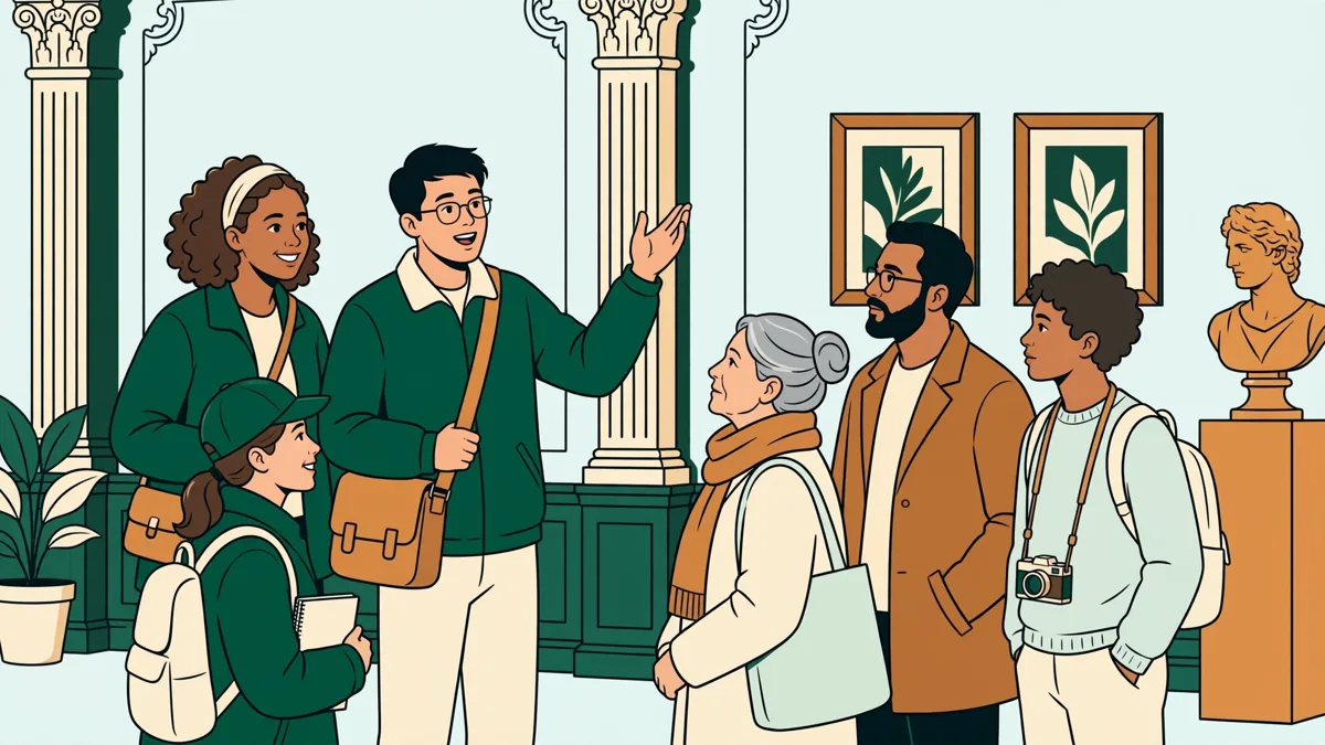 Trois étudiants en tourisme animent une visite dans une galerie de musée devant un petit groupe de visiteurs attentifs