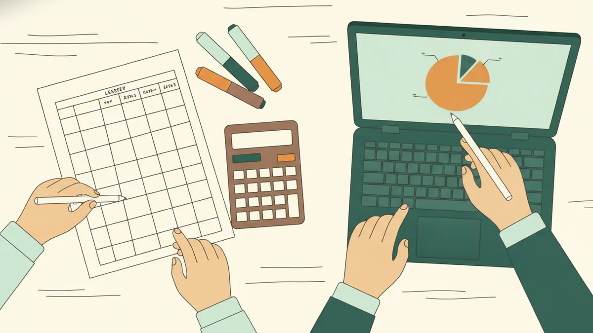 Deux étudiants font des exercices de comptabilité avec calculatrice, tableau à colonnes et diagramme sur ordinateur.