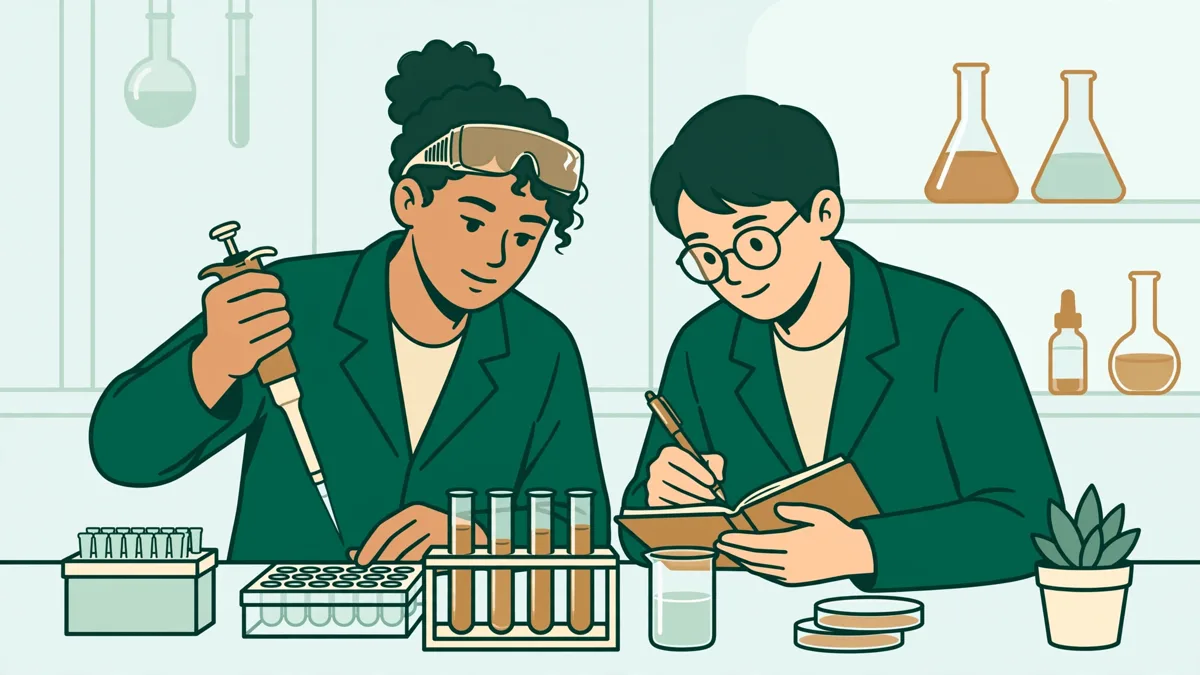 Deux étudiants en blouse qui pipettent côte à côte dans un laboratoire de biologie lumineux.