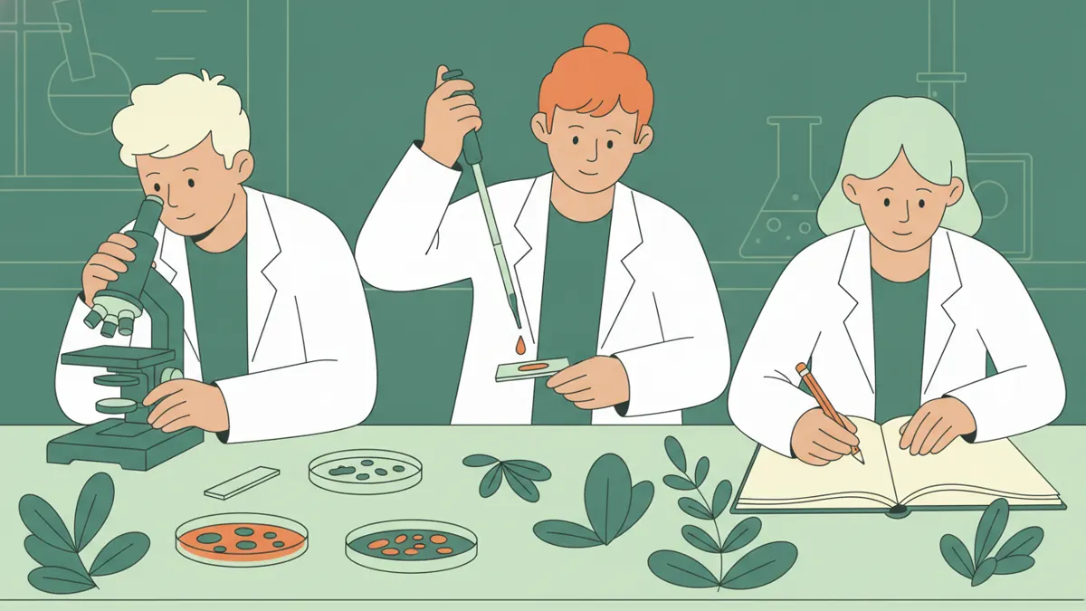 Trois étudiants en blouse en TP de biologie, l'un au microscope, l'autre à la pipette, la troisième qui dessine son observation.