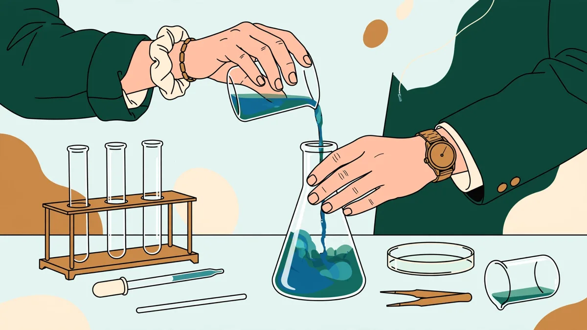 Deux étudiants en blouse qui mélangent une solution colorée sur une paillasse de chimie