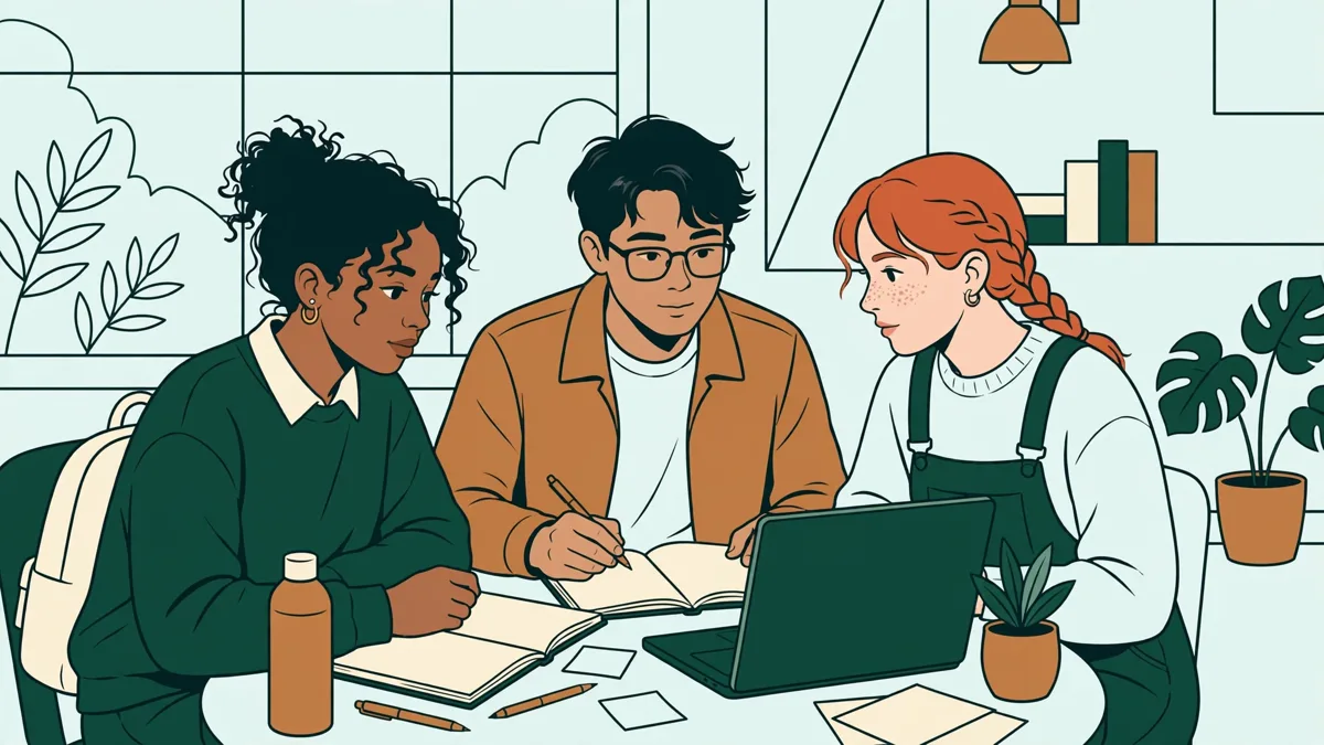 Trois étudiants de première année qui refont des exercices ensemble à la bibliothèque