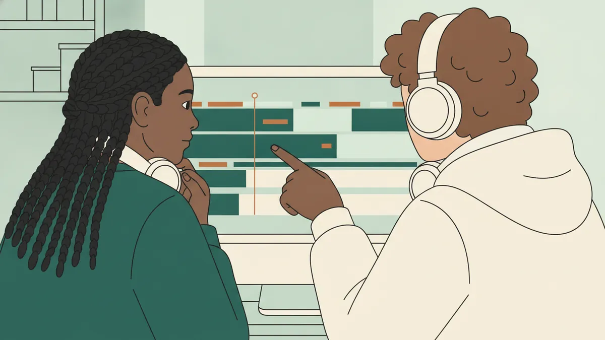Deux étudiants montent une vidéo ensemble sur un ordinateur, l'un pointe un plan sur la timeline du logiciel.
