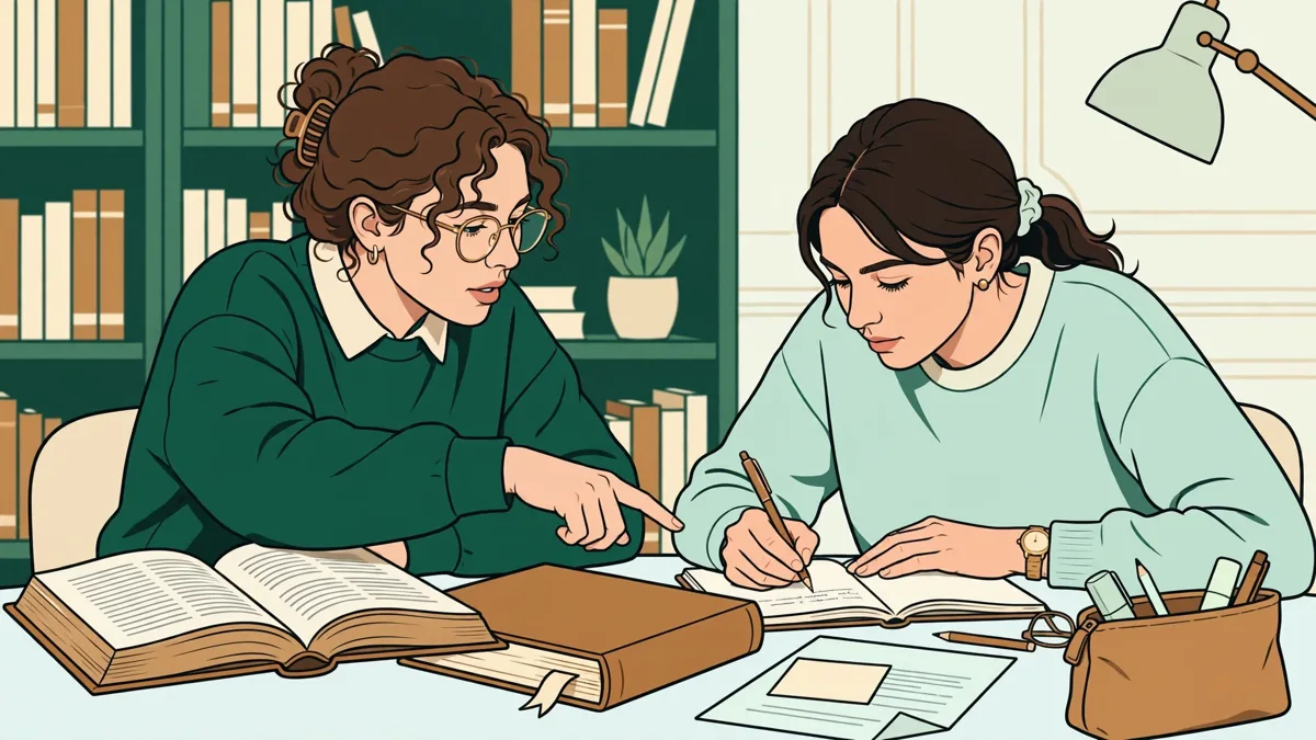 Deux étudiantes en droit comparent un code français et un recueil d'arrêts anglais autour d'une table de bibliothèque