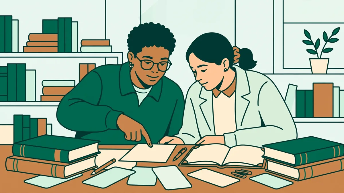 Deux étudiantes en droit qui révisent ensemble avec dictionnaires et fiches en anglais et en espagnol