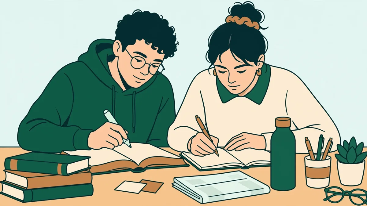 Deux étudiantes qui comparent leurs fiches de révision et un article de presse à une table de bibliothèque