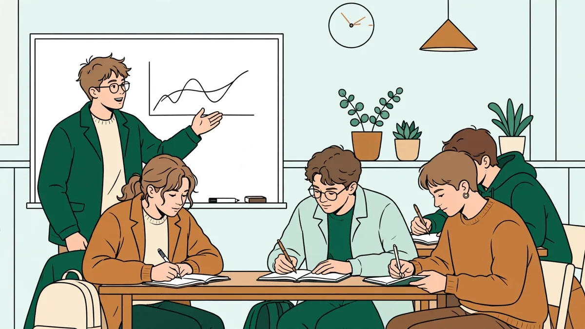 Petit groupe d'étudiants en travaux dirigés d'économie, l'un expose un graphique pendant que les autres prennent des notes