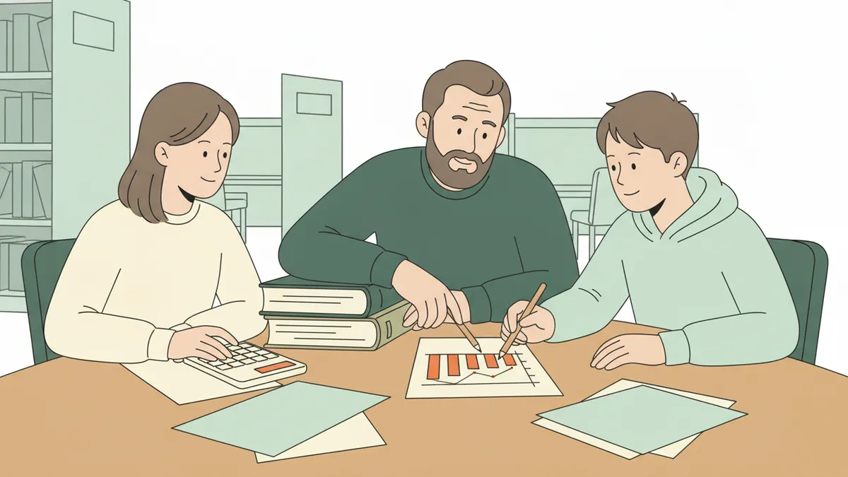 À une table de bibliothèque, un tuteur montre au crayon un graphique dessiné à la main à deux étudiants de première année.