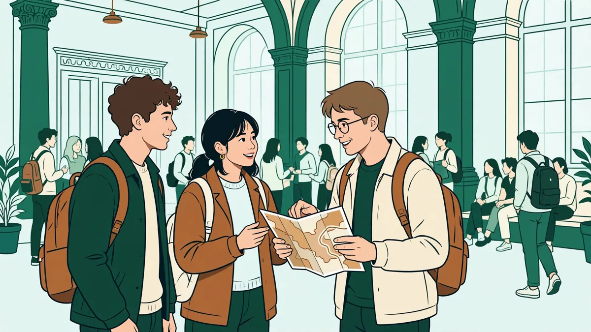 Dans un hall lumineux d'université, un petit groupe d'étudiants en économie discute autour d'une carte, sacs sur le dos.