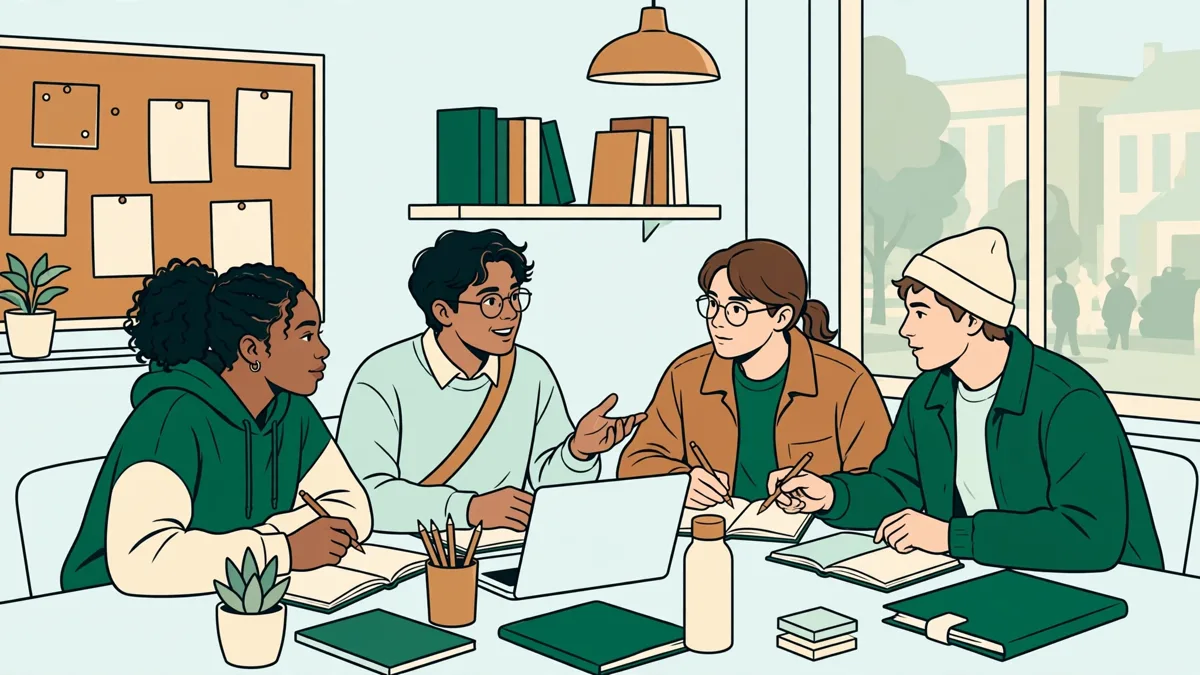 Quatre étudiants autour d'une table qui préparent un exposé bilingue, carnets et ordinateur ouverts, en train de discuter