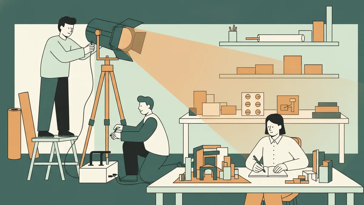 En atelier, un étudiant règle un projecteur de théâtre pendant que deux camarades travaillent la lumière et une maquette de décor.