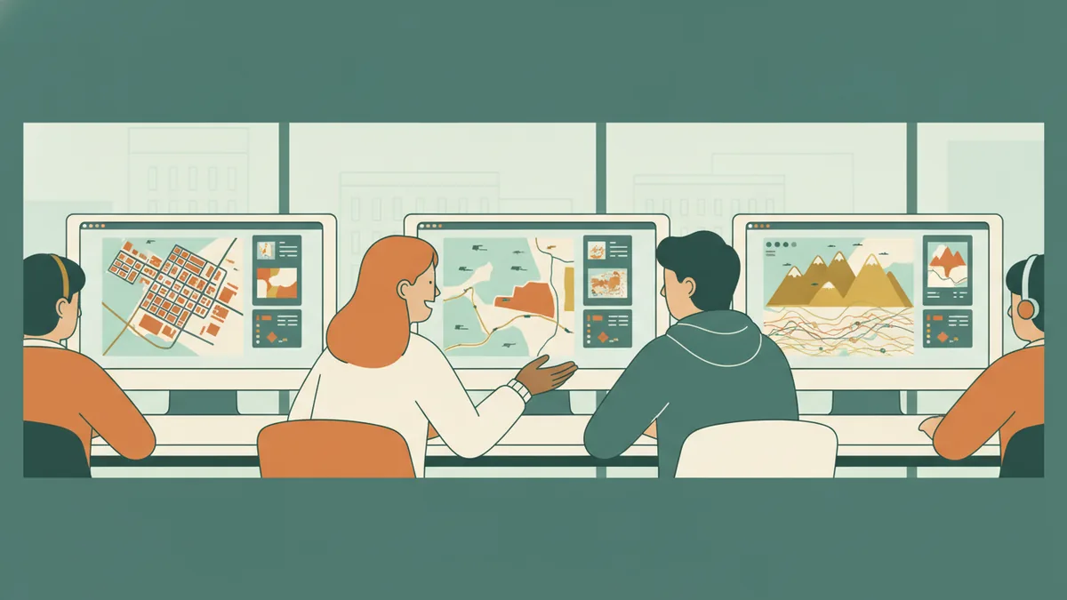 Illustration : dans une salle informatique, des étudiants travaillent sur des écrans affichant des cartes numériques colorées d'une ville et d'une zone de montagne ; une étudiante montre sa carte à son voisin.