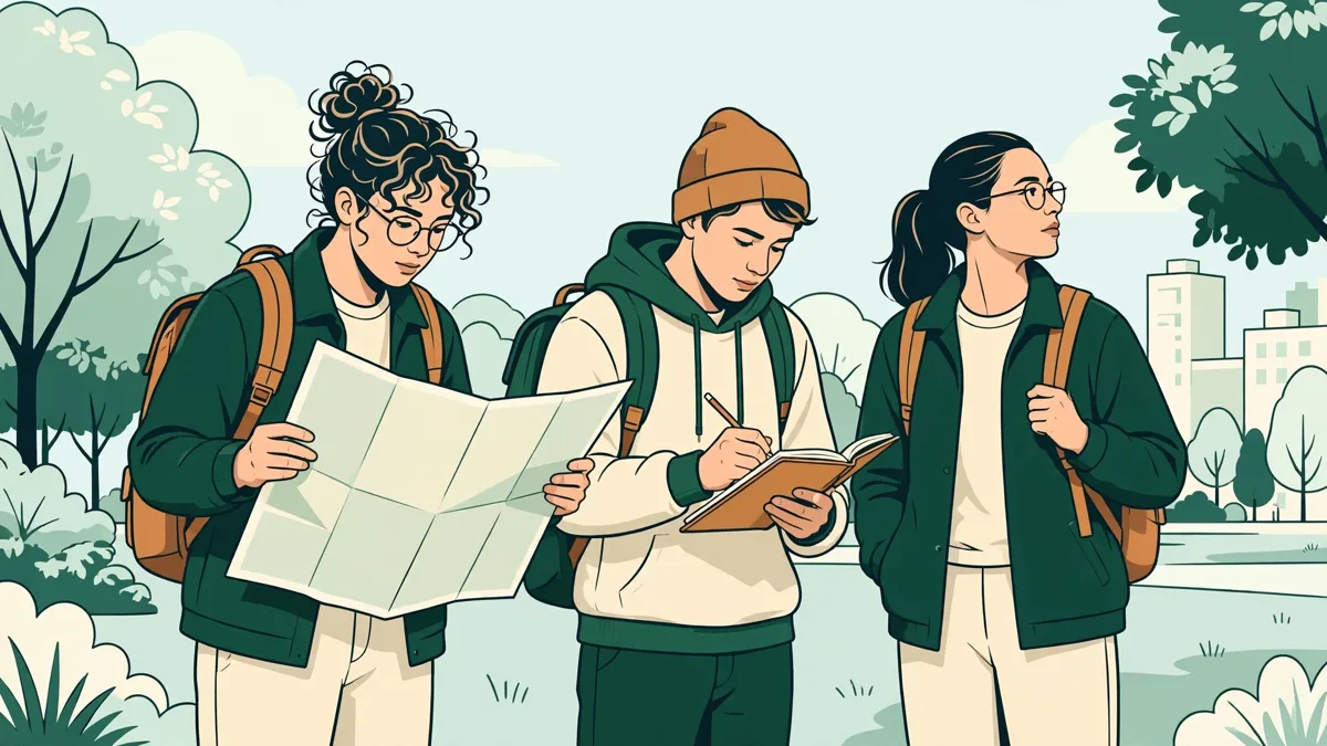 Trois étudiants en géographie en sortie de terrain dans un parc urbain : l'un tient une grande carte papier, une autre prend des notes, le troisième photographie une berge