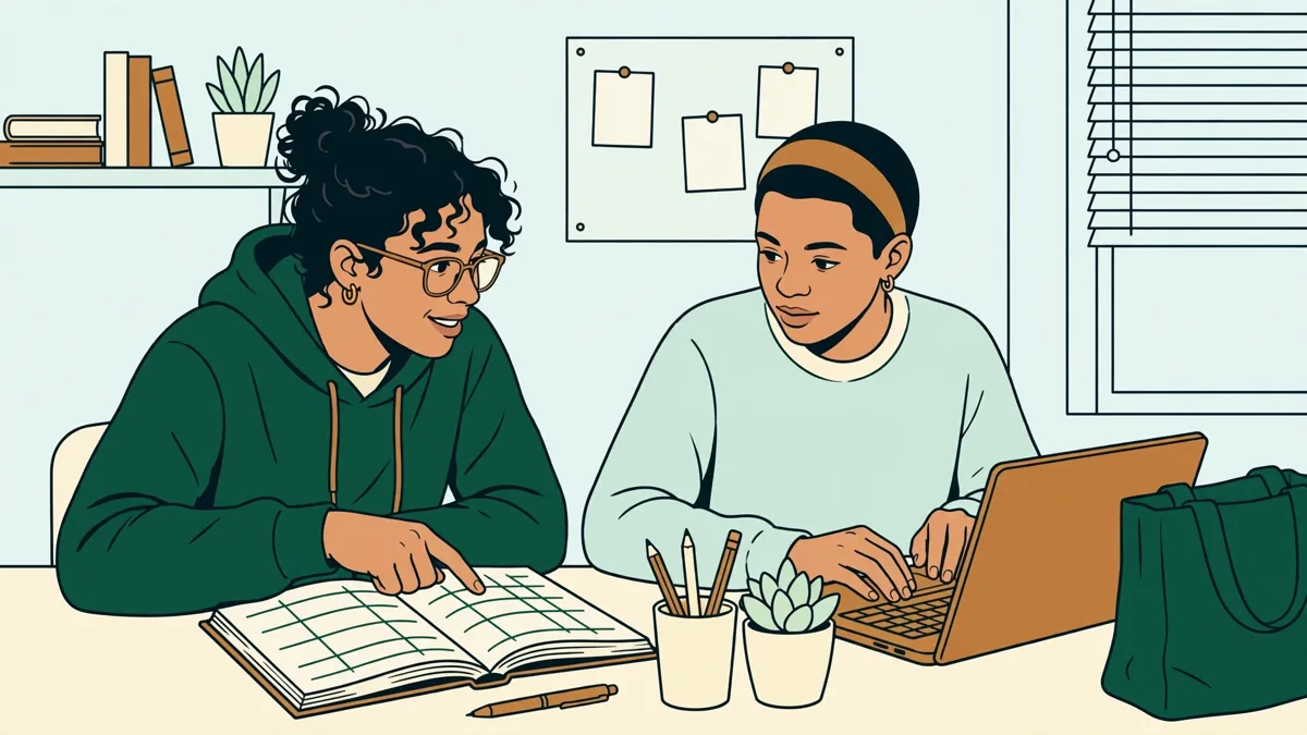 Deux étudiants en comptabilité penchés sur un dossier, l'un montre une écriture du doigt pendant que l'autre saisit des données sur un ordinateur portable.
