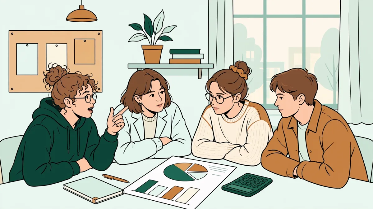 Petit groupe d'étudiants autour d'une table qui comparent un tableau budgétaire imprimé et discutent d'un écart de coûts.