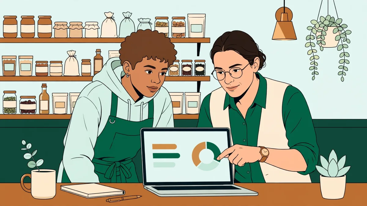 Une apprentie et son tuteur qui analysent des ventes en ligne ensemble sur un ordinateur portable en entreprise