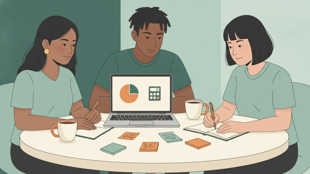 Trois étudiants en gestion préparent un projet autour d'une table, un ordinateur affiche un graphique en camembert, calculatrice et post-it posés à côté.