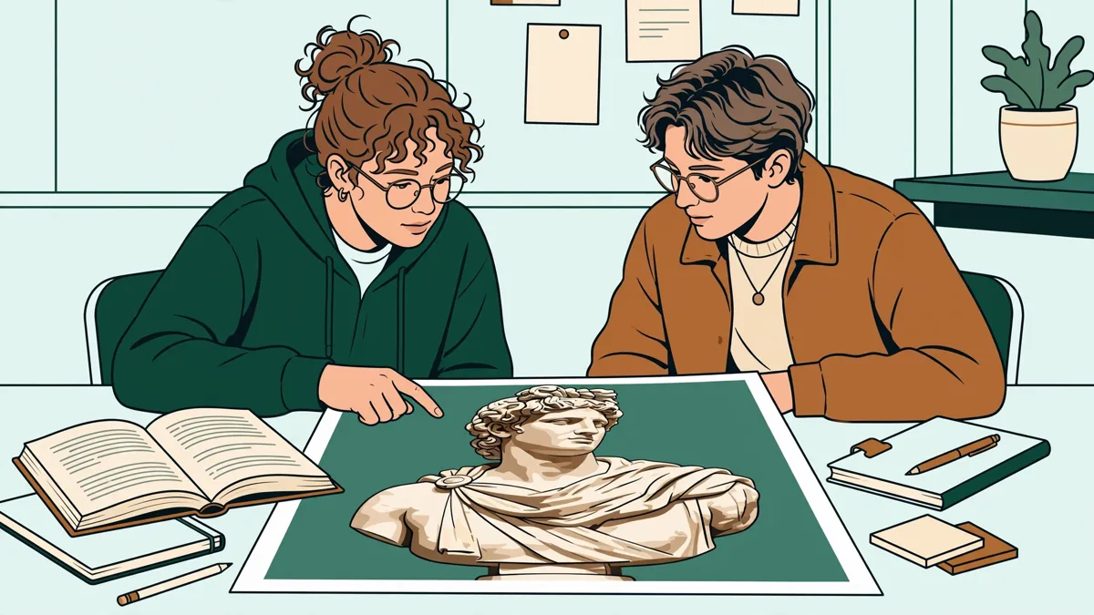 Deux étudiantes autour d'une table qui comparent la photo d'une statue antique et un texte dans un manuel