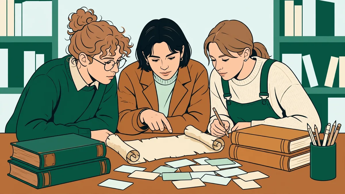 Trois étudiants en bibliothèque qui traduisent ensemble un texte ancien avec dictionnaires et fiches