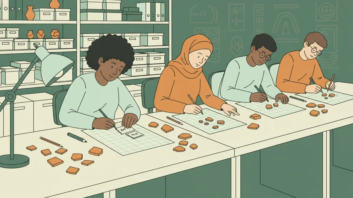 À de longues tables, des étudiants dessinent des tessons de poterie sur papier millimétré et rangent des fragments dans des sachets.